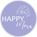 Logo von der Firma Happy Mona. Violetter Hintergrund mit weißer Baumwollblüte.
