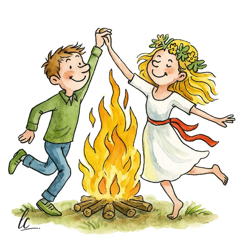 „Räuchern und Rituale – Eine Illustration von DESIGN und FOTO cornelefant: Ein Paar tanzt um ein traditionelles Sonnwendfeuer.“